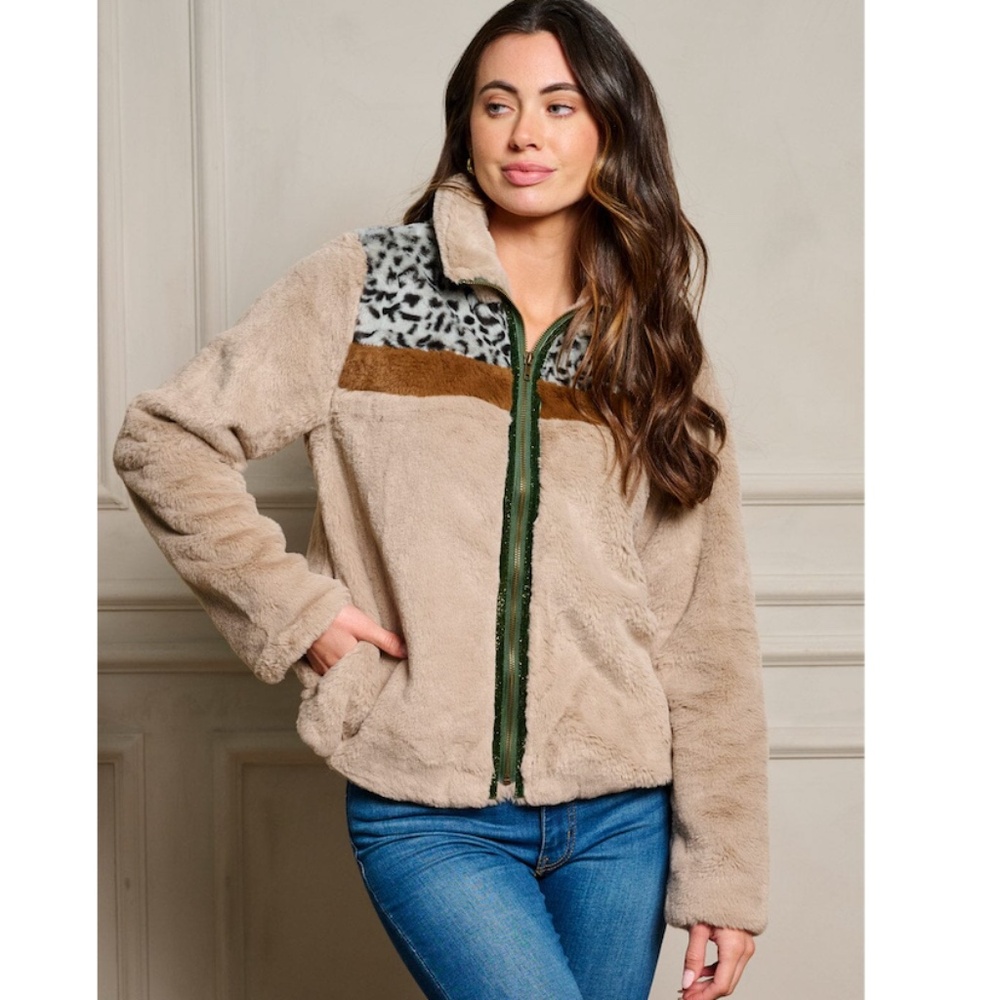 Mystree Taupe Zip Up Animal Print Sherpa Jacket